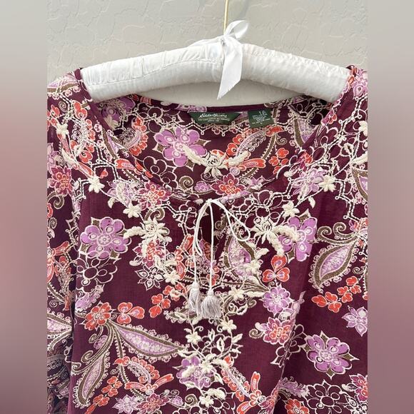 EDDIE BAUER Floral Paisley Embroidered Burgundy Boho Peasant Tunic Cotton Large - Picture 4 of 7
